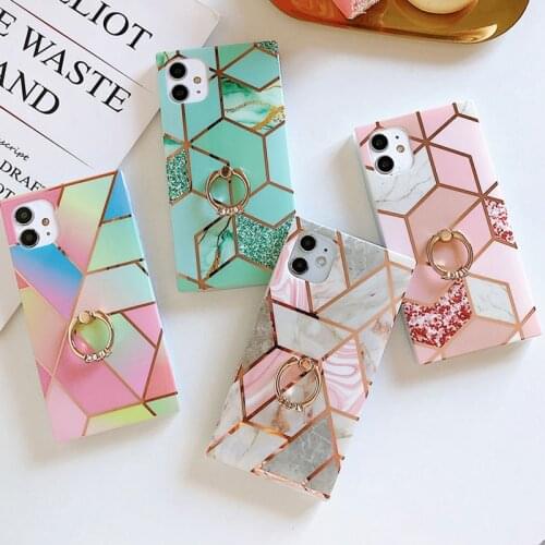 Fashion Plating Splicing Geometric Marble Soft Case for iPhone 12 Mini 11 Pro XS Max Finger Ring Stand Holder Square Back Cover