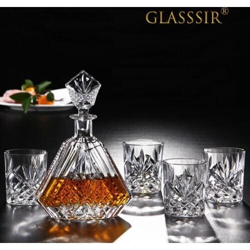 Crafted Glass Whiskey Decanter Set with 4 Old Fashioned Whisky Glasses for Liquor Scotch Bourbon or Wine - Irish Cut Triangular