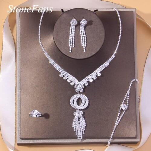 Stonefans Double Round Pendant Rhinestone Tassel Necklace Set for Women Crystal Dubai Wedding Jewelry Bridal Accessories Sets
