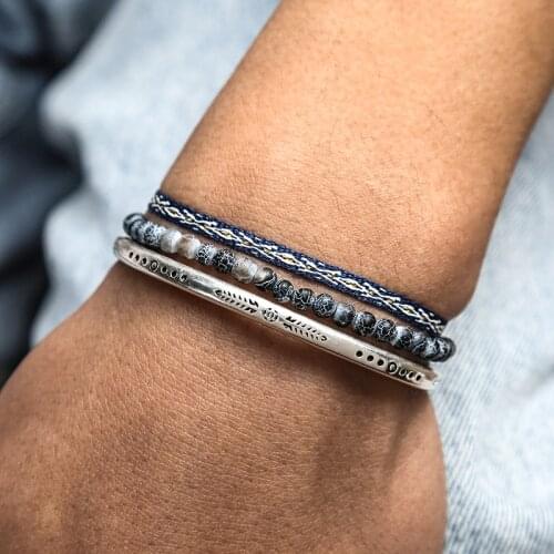 Vintage Silver Color Mens Bracelet Set Natural Lava Stone Energy Beads Bangle Tibetan Handmade Weave Knot Rope Jewelry Gifts