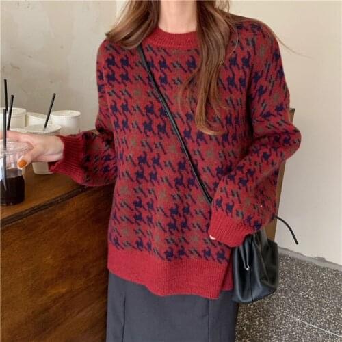 Autumn 2021 Korea Fashion Clothing Lazy Loose Blouse Casual Womens Sweater Jumper Houndstooth Ladies Pullover Retro Knitted Top