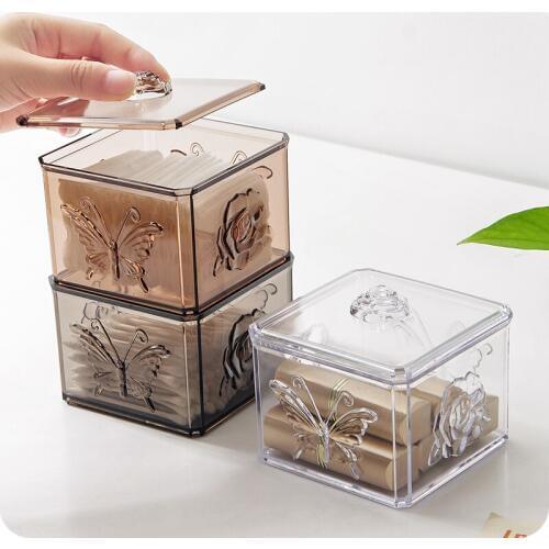 Dustproof Cotton Swab Storage Box Transparent Carved Lipstick Makeup Organizer Desktop Flip Plastic Box