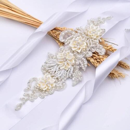 ZMS346 Luxury Bridal Belt for Brides White Flower Maternity Sash Bride Accessory Pearl Belts for Women Ivory Womens Belt