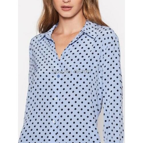 Top Version Silk 100% Blue With Contrast Dots Print Lapel Blouse Shirt - Elfbop 2019 Spring Summer Ladies Shirt Top