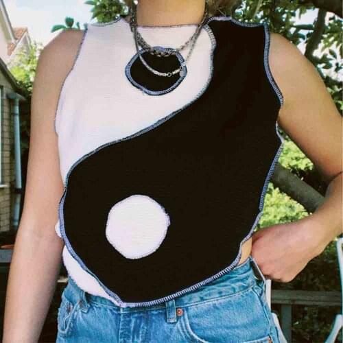 Asymmetrical Patchwork Tank Top Women E-Girls Sexy O-Neck Sleeveless Fashion Streetwear Casual Crop Tops Hot Bodycon Tanks