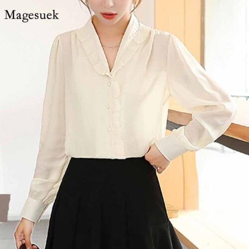 Ruffles V-neck Vintage Chiffon White Blouse Women 2020 Cardigan Office Women Shirts Blouses Korean Long Sleeve Top Blusas 11592