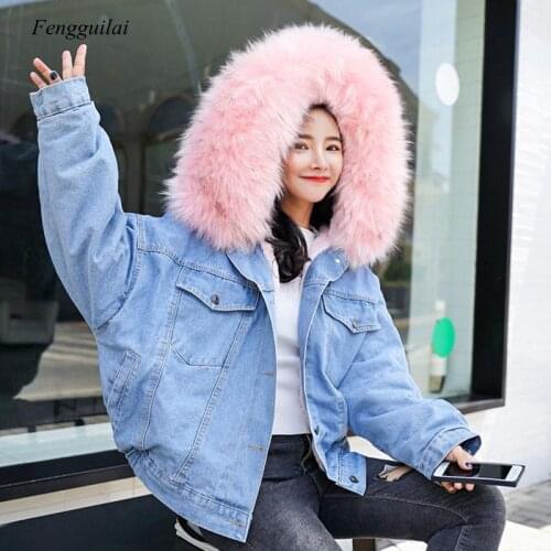 2021 Fashion Winter Coat Warm Cotton Denim Jacket Women Hooded Bomber Female Plus Size