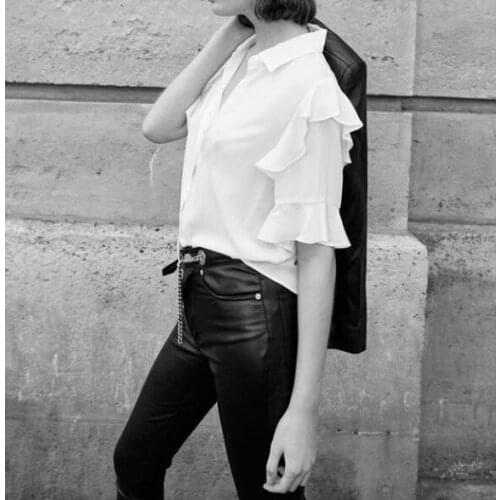 Woman White Black 100% Silk Shirt with Frills Half Length Layered Ruffled Front Buttons Up Fashion Tops