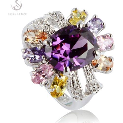 Fleure Esme Engagement Wedding rings for women Pink Peridot Morganite Blue yellow Cubic Zirconia Rhodium Plated R368 size 6 - 9