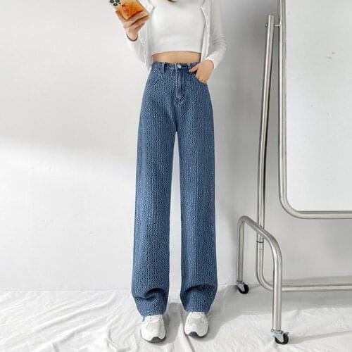 2021 Womens Summer High Waist Straight Pants Retro Jacquard Denim Temperament Commuter Fashion Loose Slim Trend