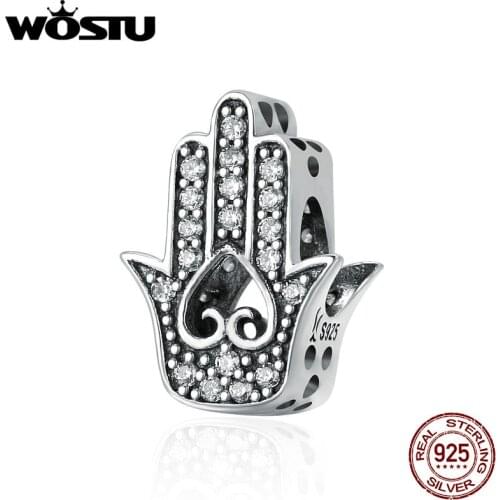 WOSTU Genuine 925 Sterling Silver Hand Of Fatima,Clear CZ Beads fit original Charm Bracelets For Women DIY Jewelry Gift CQC225