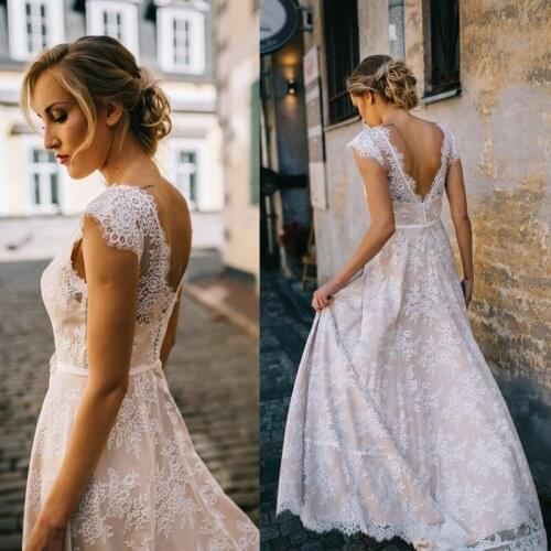 Morden Short Sleeve Lace Beach Wedding Dresses Custom Made 2021 V Back Sweep Train vintage Bridal Gowns