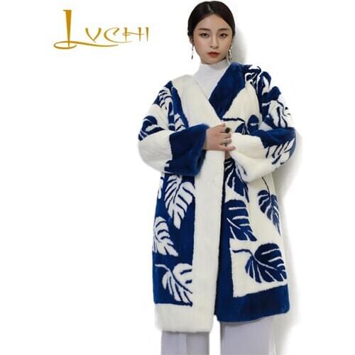 LVCHI Winter 2019 3D Print Leaves Mink Fur Coats Womens V-Neck Long Sleeve Blue Patchwork Long Loss Full Pelt Causal Mink Coats