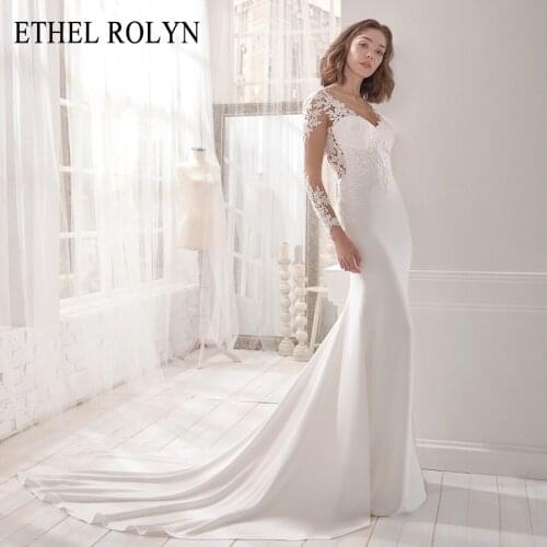 ETHEL ROLYN Mermaid Wedding Dress 2021 V-neckline Lace Long Sleeve Elegant Backless Satin Button Bride Dresses Vestido De Novia