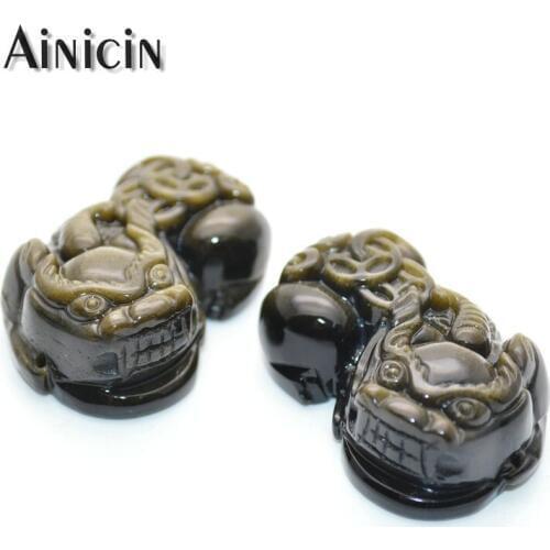 1 Pairs Chinese Mythical Creature Golden Obsidian Carved Pixiu Pendants Capable of Drawing Wealth Feng Shui Jewelry