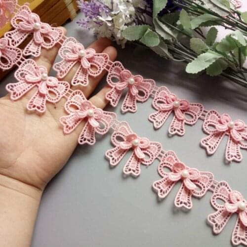 1 Yard 4.5cm Pink Bowknot Pearl Embroidered Lace Trim Ribbon Fabric Sewing Craft Patchwork Handmade For Costume Decoration Hot