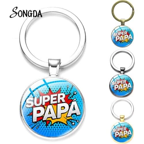 Dad Print Cute Keychain I Love My Papa Funny Art Pattern Crystal Round Long Chain Key Chain For Men Jewelry Father Birthday Gift