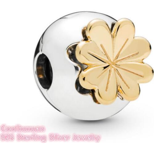 2019 Mothers Day 100% 925 Sterling Silver Shining Clover clip Charm Yellow color beads Fits Original Brand bracelets Jewelry