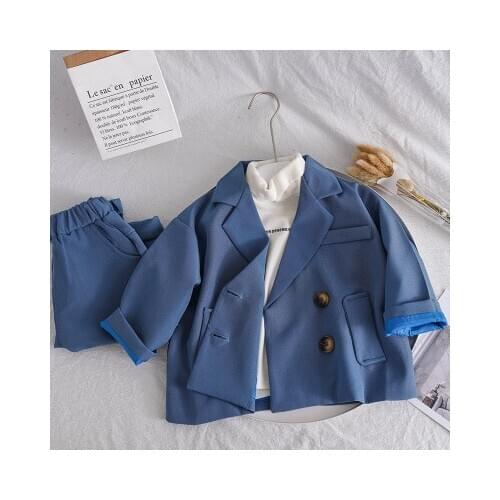 Childrens Long-sleeved Two-piece Blazer Suit 2021 Spring Autumn Boys Casual Suits Korean Baby Double-breasted Catwalk Blazer