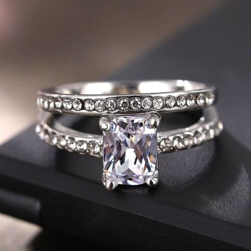 EN Luxury Zircon Ring Women Wedding Bridal Jewelry Silver Color Square 2PC Zircon Engagement Ring Gift