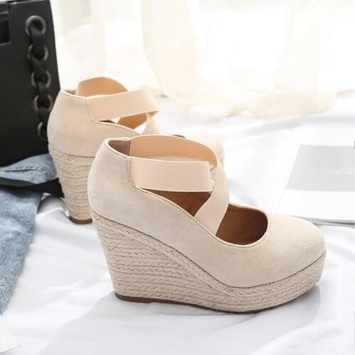Espadrilles Wedeges Sandals Womens 2021 New Spring Round Toe Fashion Platform High Heel Cross Strap Shoes Straw Knitted