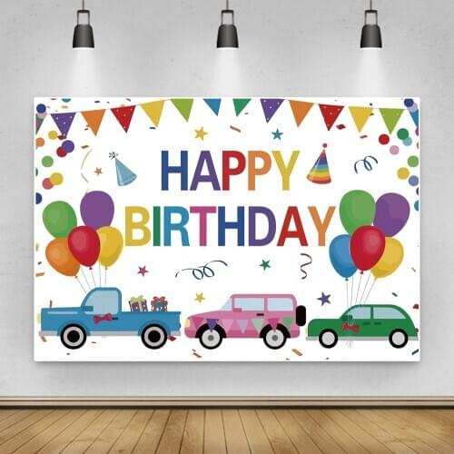 Laeacco Cartoon Cars Colorful Balloons Flag Gift Birthday Photographic Background Backdrop For Photo Studio Photophone Photocall