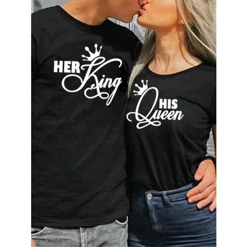 Her King His Queen Letter Print Couple T Shirt Lovers Short Sleeve O Neck Loose Tshirt Women Man Fashion Tee Shirt Tops Clothes