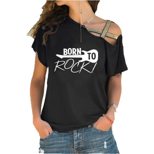 Born To Rock Music Band Roll Drums Guitar Print fashion T-shirt Summer Women Cotton Irregular Skew Neck Cross Bandage tshirts