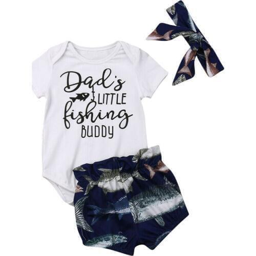 Newborn Toddler Baby Girl Boy Short Sleeve Letter Romper Bodysuit Top + Fish Print Shorts + Headband 3Pcs Summer Outfit