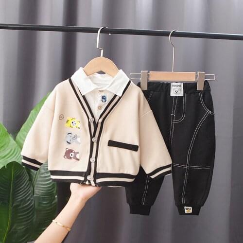 2021 Spring Autumn Baby Boys Girls Clothing Sets Kids Infant Cartoon Fake Two Knitted Coat + Jeans 2PCS Toddler Casual Costume