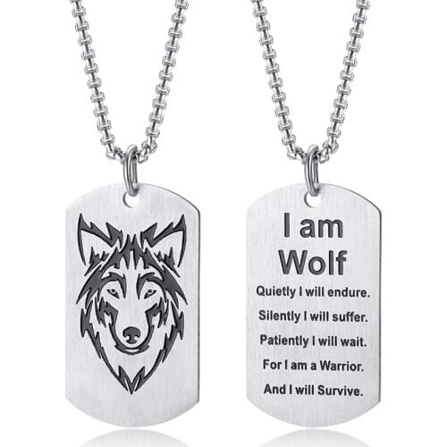 Stainless Steel Mens Dogtage Pendant Wolf Necklace I Am Wolf Pendant Inspirational Gift