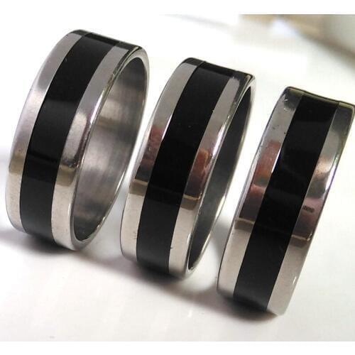 Bulk lot 100pcs/lot Wholesale Mens Black Enamel Band Stainless Steel Rings 8mm Width Mix Trendy Jewelry