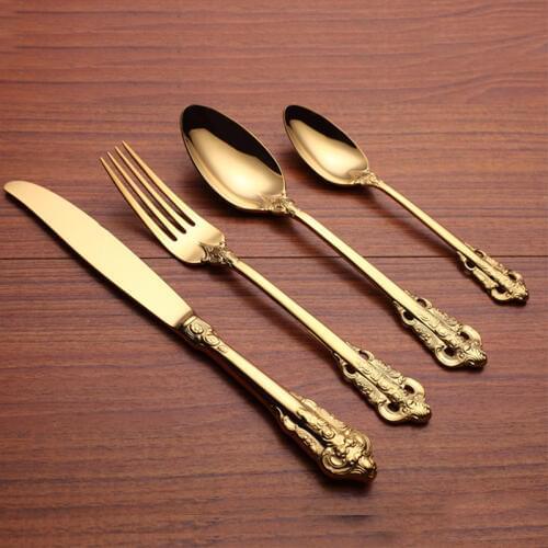 4 Pieces Golden cutlery set Christmas steak Knifes Forks Dinnerspoons Dessert Stainless Steel Golden Plated Dinnerware Tableware
