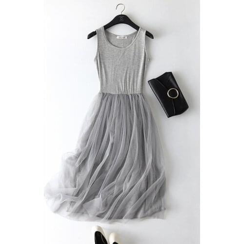 New Sexy Mesh Vest Dress Women Sleeveless O-neck Loose Spaghetti Strap Spring Summer Dress Cotton Casual Long Dresses Y838