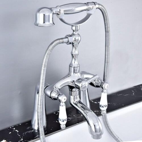 Deck Mounted Polished Silver Chrome Brass Bathroom Tub Faucet Set with 150CM Handheld Shower Spray Head Bath Mixer Tap 2tf761