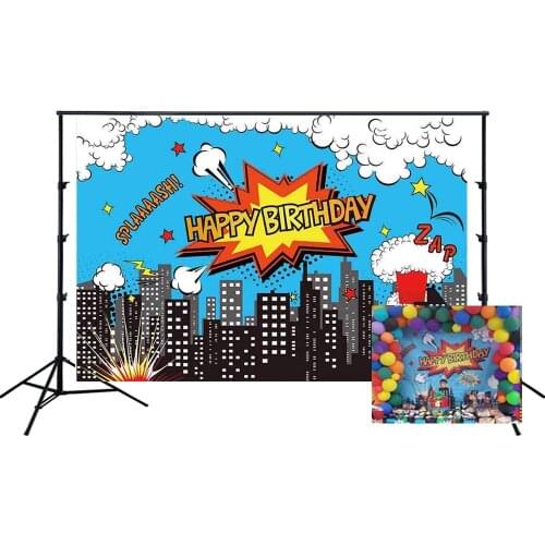 Super Hero Themed Birthday Party Banner Boy City Backdrop Boom Blue Photo Background Desser Table Scene Setter Wall Poster