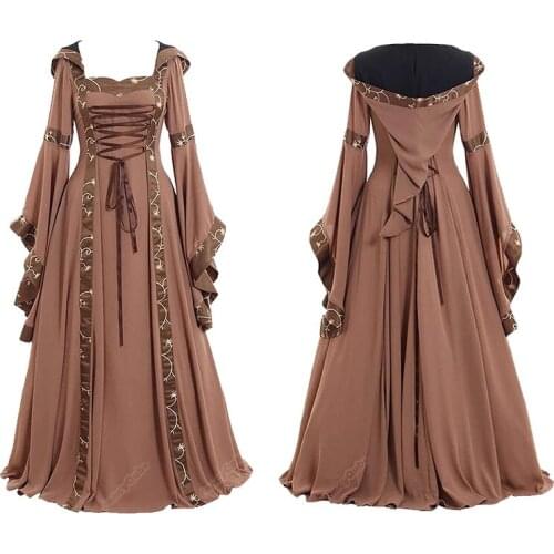 Medieval Renaissance Gown Robe Costume Vinatge Gothic Hoodie Dress Lace-Up Maxi Corset Court Dress Halloween Outfit Large Size