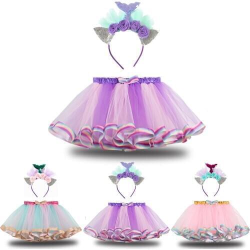 Tutu Skirt Baby Girl Clothes 2-11 Years Colorful Mini Pettiskirt Girls Party Dance Splice Rainbow Tulle Skirt Hairband Children