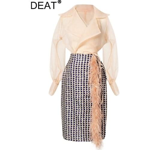 [DEAT] V-neck Chiffon Shirt Feather Tassel Side Split Skirt Two Piece Suit Women High Street New Fashion 2021 Spring GX131