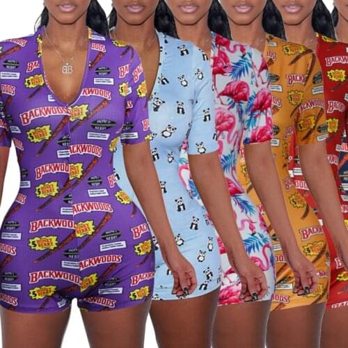 Echoine 2020 Sexy Womens Jumpsuit Sleepwear Fashion Floral Short Sleeve V Neck Bodycon Onesies Bodysuit Romper Shorts Pants