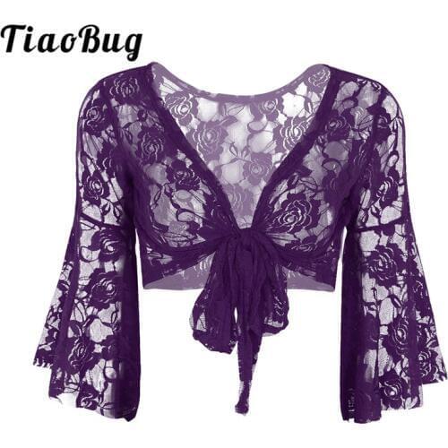 TiaoBug Women Long Flare Sleeve Floral Lace Top Ballet Dancewear Shrug Ballerina Lyrical Dance Costume Cover Up Cardigan Wrap