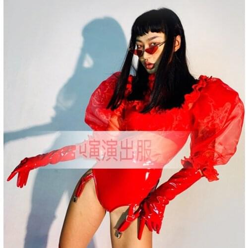 Nightclub Female Singer Performance Costumes Gogo Dancer Red Suit Jazz Pole Dance Clothing Festival Clothes Rave Outfits DWY6087