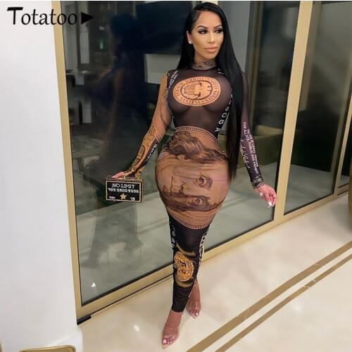 Totatoop Vintage Money Print Long Sleeve Party Long Dress Women 2021 Spring Fitness Mesh Maxi Dress Club Party Outfit Vestidos