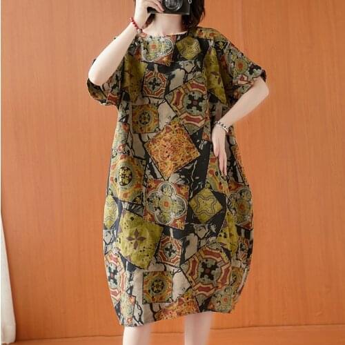 Oversized Women Cotton Linen Casual Dress New 2021 Summer Arts Style Vintage Print Loose Female Knee-length Dresses S3480