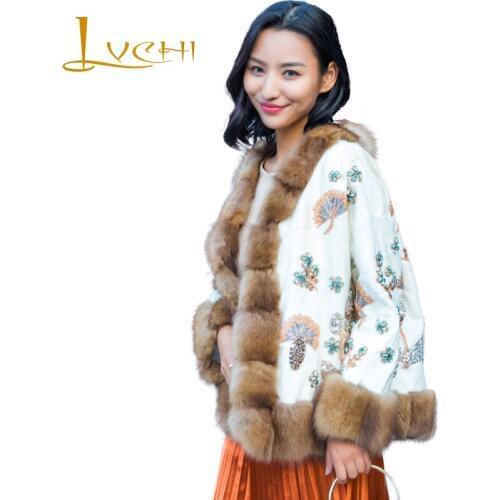 LVCHI Winter 2019 Purple Mink Real Mink Fur Coat Womens V-Neck Long Sleeve Coat Short Beading Full Pelt Causal Print Mink Coats