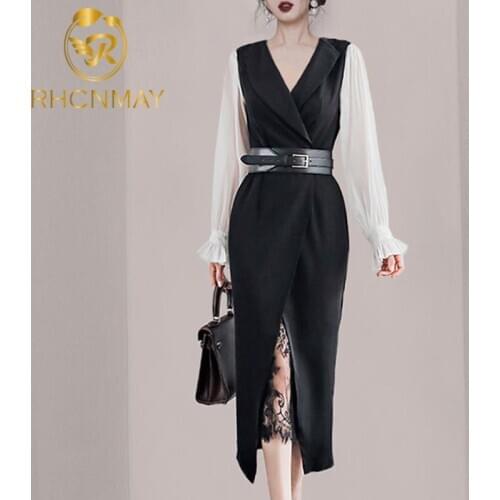 High Quality Women Spring Summer Bodycon Dress Runway Black White Patchwork Lace Flare Sleeve Dress Sheath Belt Dress