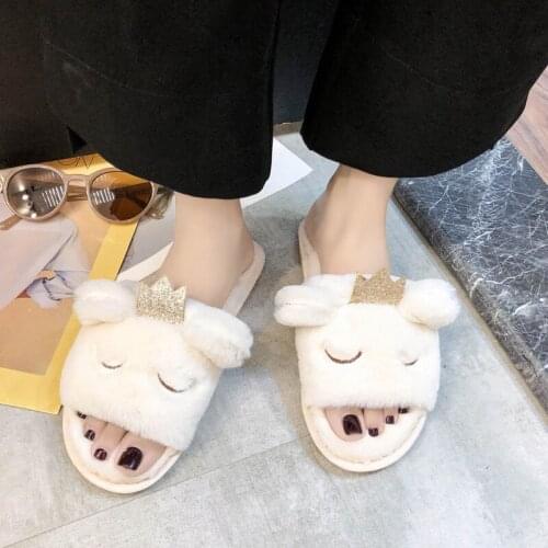 Winter Women Slippers Plush Ball Home Slipper Ladies Warm Short Furry Womens Cartoon Fur Flip Flops Indoor Non-slip Slipper