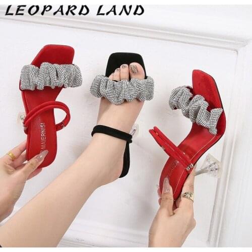 LEOPARD LAND 2021 Summer Hollow Korean Style Two-wear Crystal High Heels Stiletto With Square Toe Rhinestone Sandals Women WZ