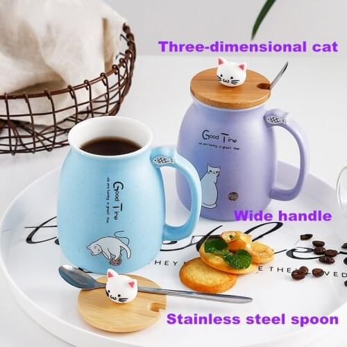 420ml Color Cartoon Milk Coffee Ceramic Mug With Lid Spoon Cup Cute Cat Heat-resistant Cup Kitten Children Cup Office Gifts