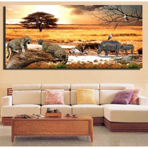 African Sunset Landscape Posters And Prints Leopard And Rhinoceros Animal Paintings For Living Room Wall Pictures for Home Decor